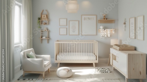 Serene Scandinavian-style nursery interior with light wood furniture, soft pastel accents, and a minimalist design