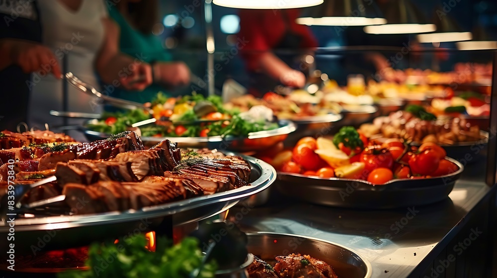 A buffet spread featuring an array of delicious dishes topped with herbs in a restaurant setting with people serving themselves in the background. 