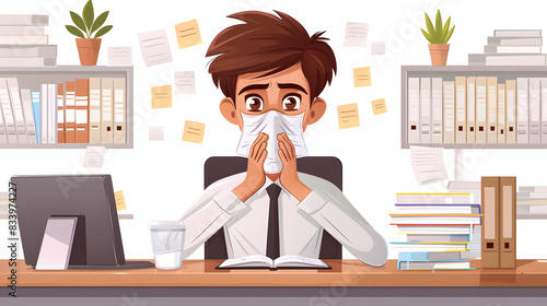 Sick businessman with tissue using nasal drops in office isolated on white background, png
 photo