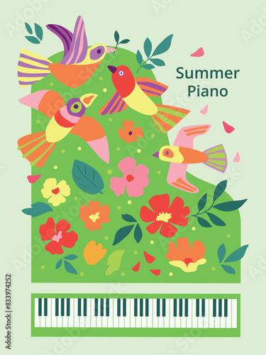 Artistic Summer poster with green piano birds, leaves, flowers and text, on a light green  background. Modern geometric style. For music magazines; banners; banners; invitation cards