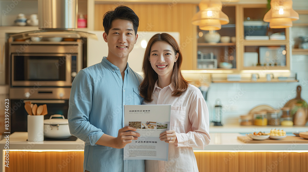 Happy Asian Couple Holding Financial Plan in Modern Kitchen Happy Asian Couple Holding Financial Plan in Modern Kitchen