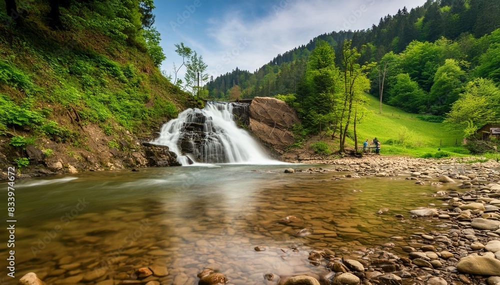 beautiful view of the zaskalnik waterfall in the pieniny mountains szczawnica long exposure