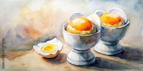 Soft boiled eggs with runny yolk in egg cups for breakfast genertive watercolor, breakfast, soft boiled eggs, runny yolk, egg cups, food, morning, healthy, delicious, organic, nutritious photo