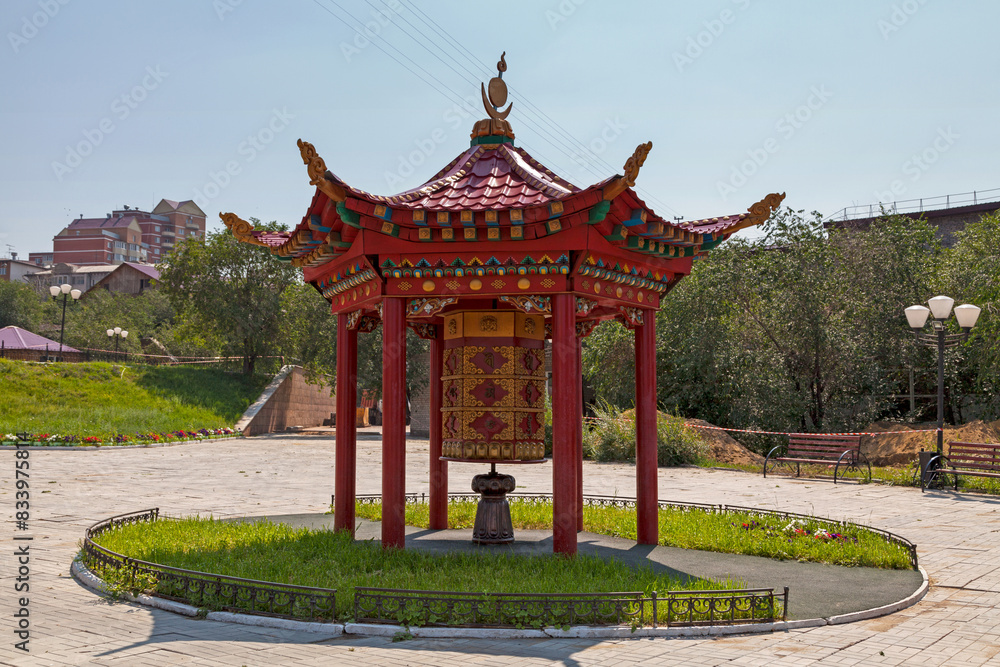 Fototapeta premium Spinning Buddhist prayer wheel in Ulan-Ude