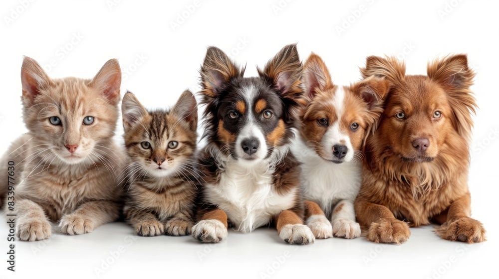 Small group of pets, cats and dogs sitting in a raw and looking at the camera, isolated on white Small group of pets, cats and dogs sitting in a raw and looking at the camera, isolated on white
