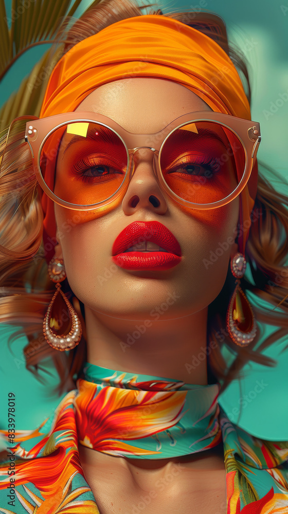 Obraz premium Retro style pastel colors summer background. Fashion woman wearing big sunglasses.