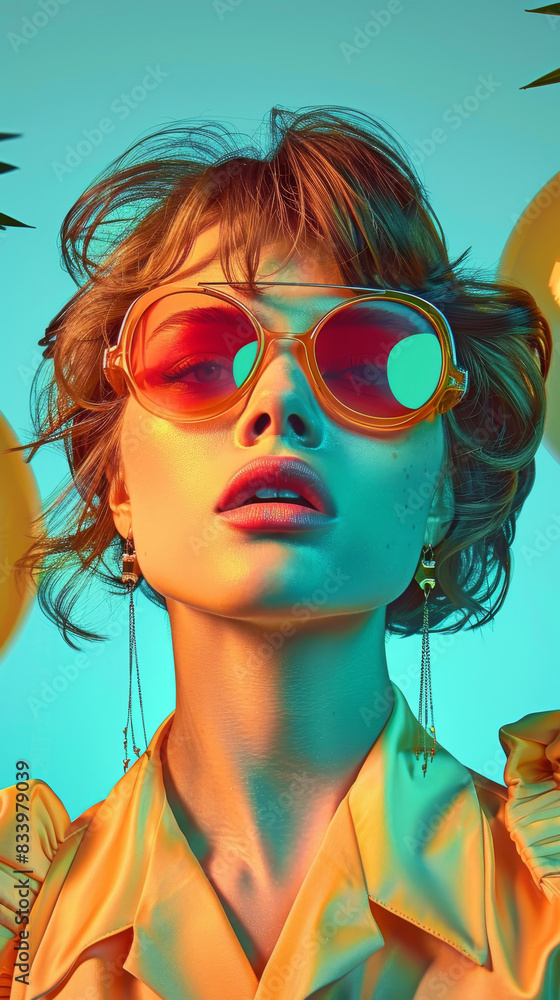 Obraz premium Retro style pastel colors summer background. Fashion woman wearing big sunglasses.