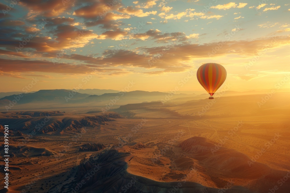 Experience the serenity of a hot air balloon ride over a stunning desert landscape as the sun sets in the horizon.