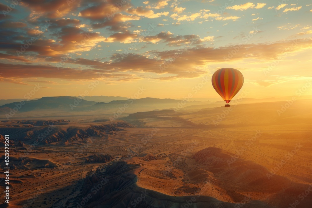 Experience the serenity of a hot air balloon ride over a stunning desert landscape as the sun sets in the horizon. Experience the serenity of a hot air balloon ride over a stunning desert landscape as the sun sets in the horizon.