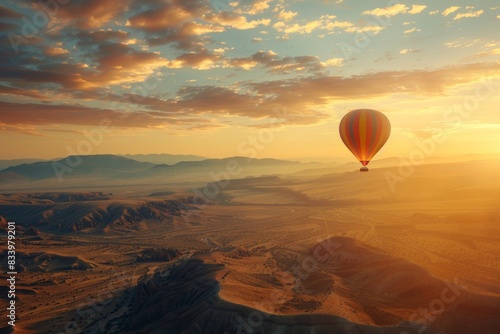 Experience the serenity of a hot air balloon ride over a stunning desert landscape as the sun sets in the horizon. photo