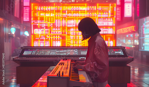 Elegant playing on a theremin in a modern futuristic interior, with neon lights and holographic screens around, minimalist style photo