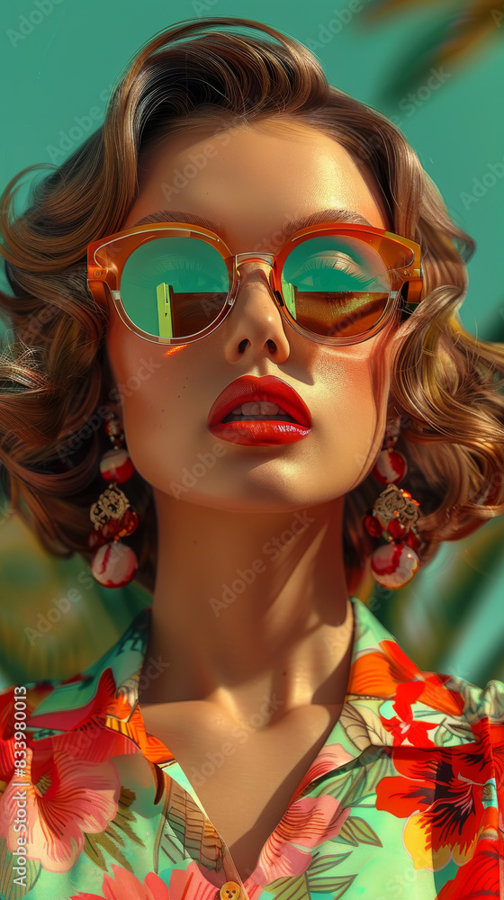 Fototapeta premium Retro style pastel colors summer background. Fashion woman wearing big sunglasses.
