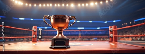 Champion's cube on blurred bokeh background with space for text. Trophy cup in the boxing ring. Sports betting, prizes for participation.