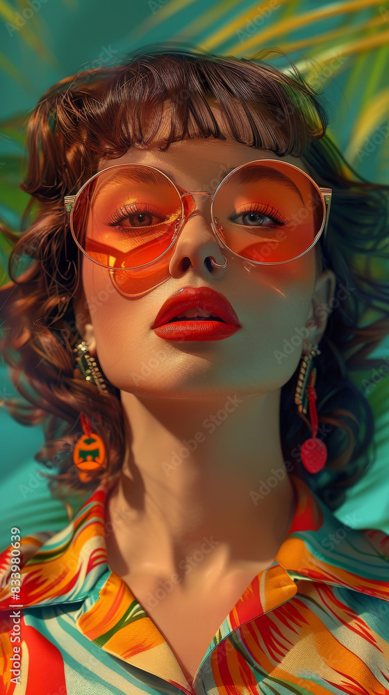Fototapeta premium Retro style pastel colors summer background. Fashion woman wearing big sunglasses.