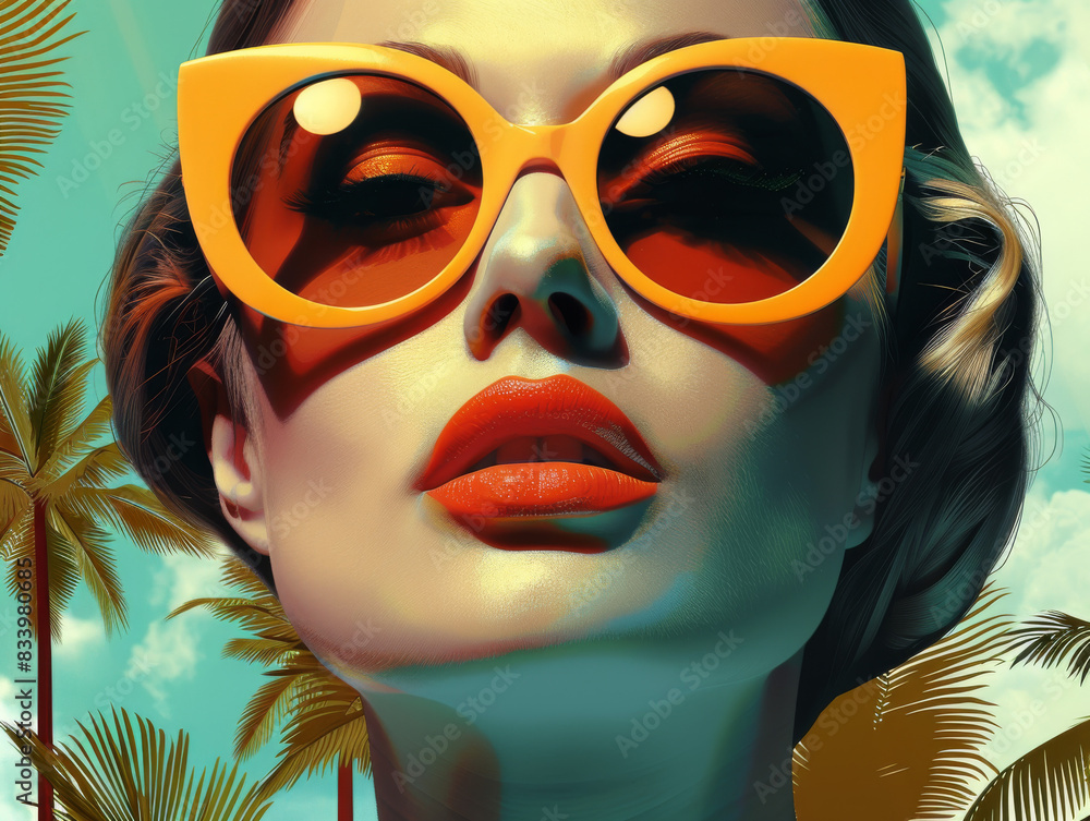 Retro style pastel colors summer background. Fashion woman wearing big sunglasses. Retro style pastel colors summer background. Fashion woman wearing big sunglasses.