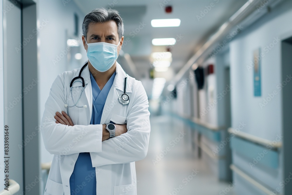 a doctor with a mask standing in the hospital with copy space, a doctor with a mask standing in the hospital with copy space,