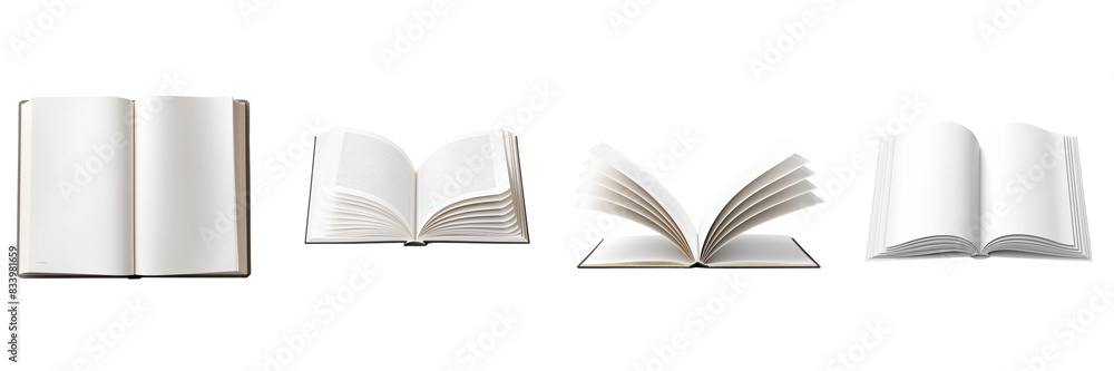 Set of A white open book isolated on a white background, with a focus on the delicate interplay on a transparent background Set of A white open book isolated on a white background, with a focus on the delicate interplay on a transparent background