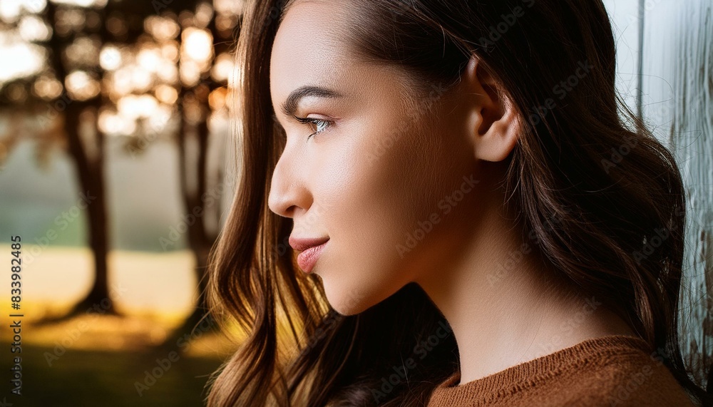Fototapeta premium Close-up side view of woman face with long hair and brown eyes