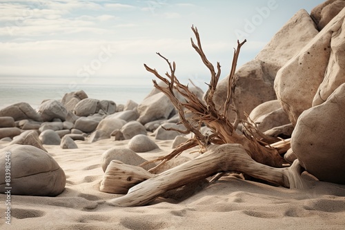Weathered Driftwood and Rocks on Sandy Beach photo