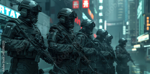 Futuristic police team in masks holding guns on neon city street at dusk, soldiers on modern buildings background. Theme of cyber future, military uniform, cyberpunk