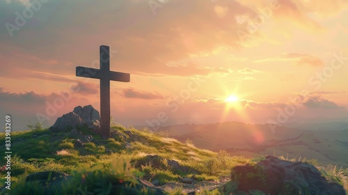 Cross on Hilltop at Vibrant Sunset 