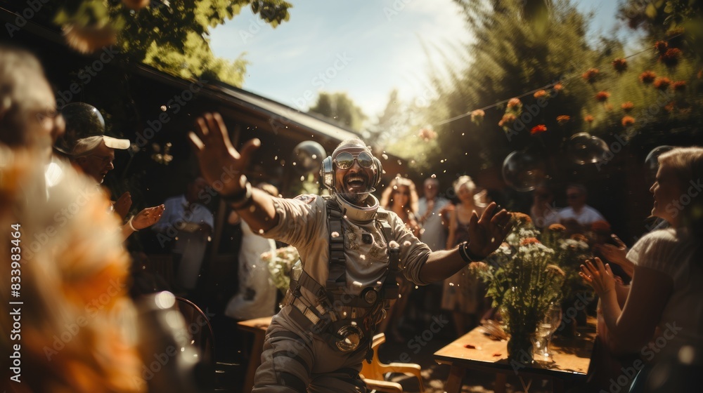 Obraz premium People having a great time dancing with outstretched arms at an outdoor garden party on a sunny day