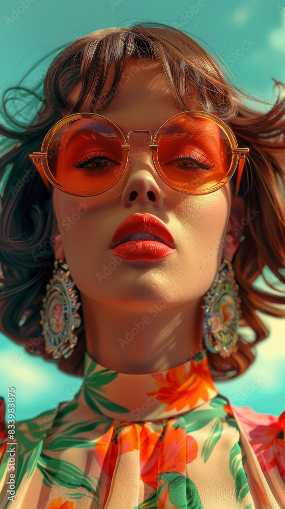 Obraz premium Retro style pastel colors summer background. Fashion woman wearing big sunglasses.