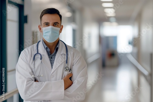 a doctor with a mask standing in the hospital with copy space, 