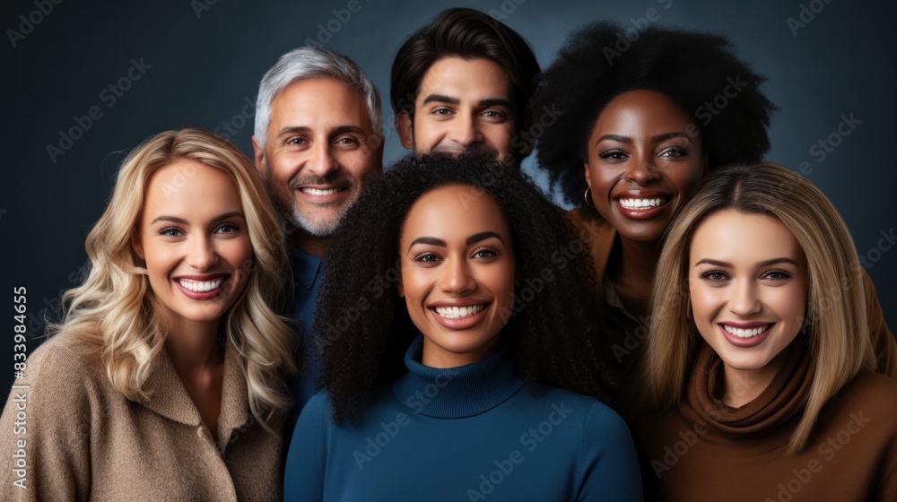 A group of diverse friends or colleagues is smiling together in a studio setting, communicating unity and happiness A group of diverse friends or colleagues is smiling together in a studio setting, communicating unity and happiness