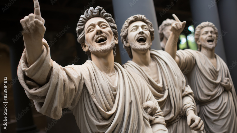 Naklejka premium Statues from ancient Rome with dramatic expressions and flowing robes, captured in a museum setting