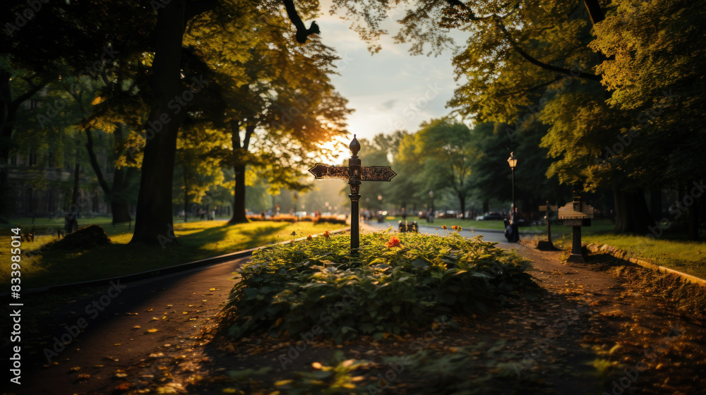 A serene park path lit by warm sunlight with directional sign and lush trees A serene park path lit by warm sunlight with directional sign and lush trees