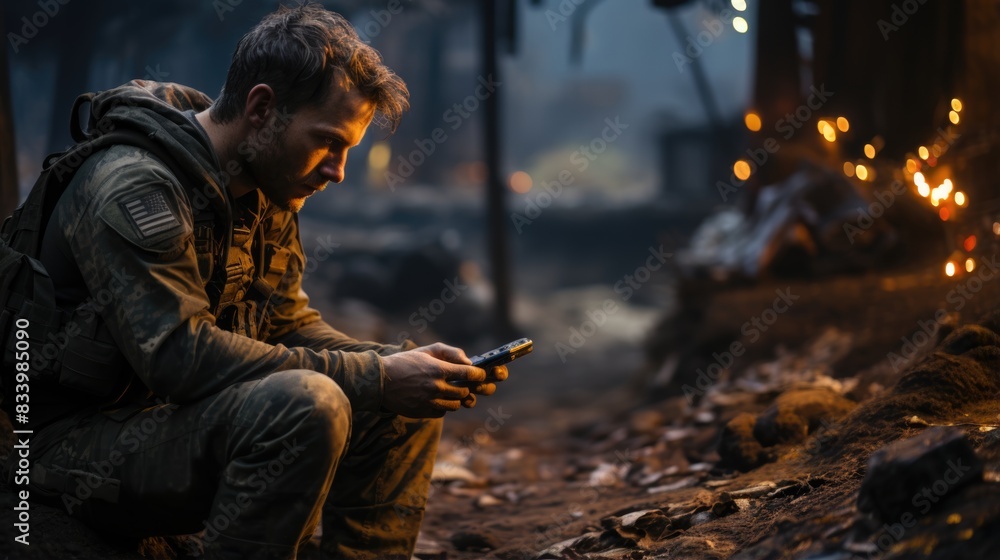 A soldier with a concealed identity sits on a rubble holding a smartphone in a war-torn setting