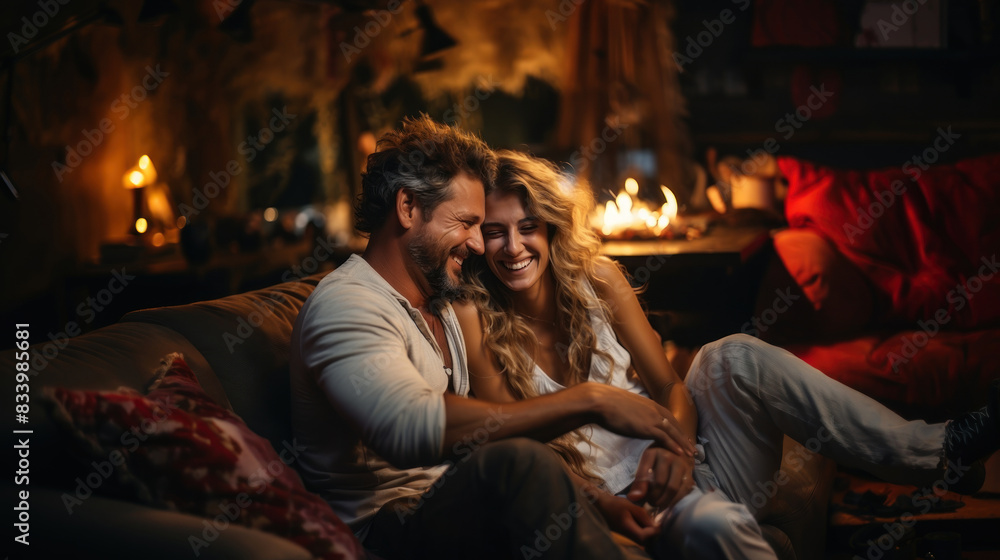 A couple in a cozy living room share a moment of happiness, laughing together by a warm fireplace A couple in a cozy living room share a moment of happiness, laughing together by a warm fireplace