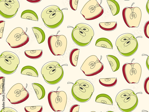 Fresh sliced apple seamless pattern. Green and red Doodle drawn apples. Summer autumn harvest garden background. Healthy natural fruit. Pattern for packaging  wallpaper  cover design