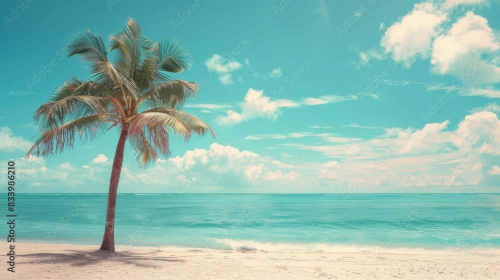 Palm tree on tropical beach with blue sky and white clouds abstract background. Copy space of summer vacation and business travel concept. Vintage tone filter effect color style. Palm tree on tropical beach with blue sky and white clouds abstract background. Copy space of summer vacation and business travel concept. Vintage tone filter effect color style.