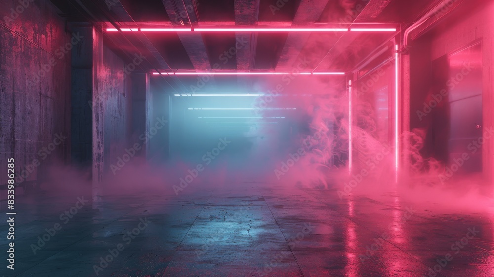 Sci Fi Futuristic Smoke Fog Neon Laser Garage Room Red Electric Cyber Undergound Warehouse Concrete Reflective Studio Podium Club 3D Rendering illustration 