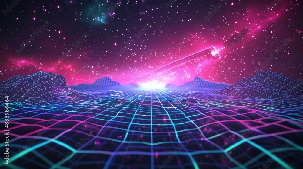 Synthwave wireframe net illustration. Abstract digital background. 80s, 90s Retro futurism, Retro wave cyber grid. Deep space surfaces. Neon lights glowing. Starry background. Vector 3D Rendering
