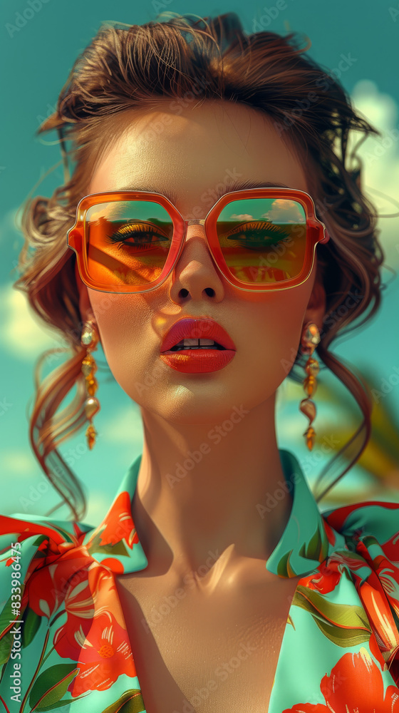 Fototapeta premium Retro style pastel colors summer background. Fashion woman wearing big sunglasses.