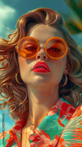 Retro style pastel colors summer background. Fashion woman wearing big sunglasses. © VertigoAI