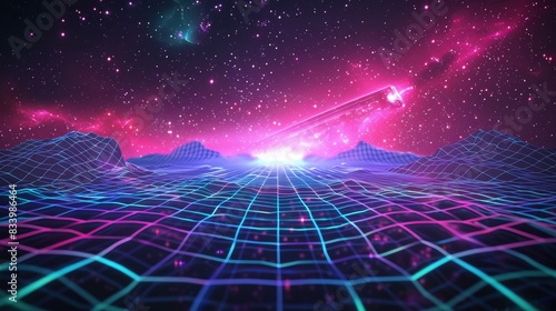 Obraz na płótnie Synthwave wireframe net illustration. Abstract digital background. 80s, 90s Retro futurism, Retro wave cyber grid. Deep space surfaces. Neon lights glowing. Starry background. Vector 3D Rendering w salonie