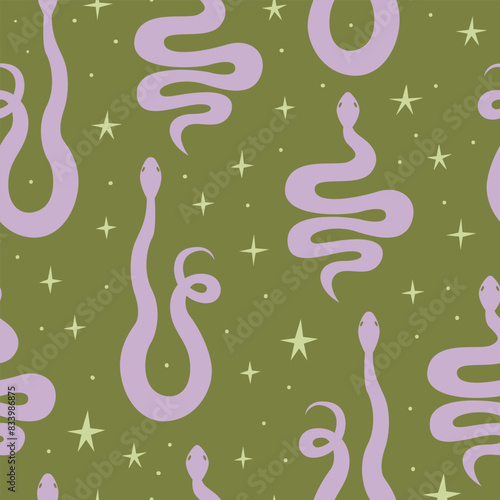 Seamless pattern with silhouette of snakes and stars. Vector flat background in boho style 