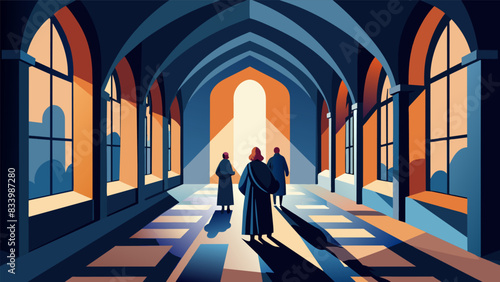 Sun rays filtering through stained glass windows as the group walks through the peaceful hallways of an old monastery.. Vector illustration