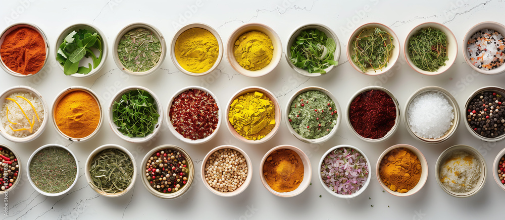 top view of a collection of colorful spices and herbs arranged in small bowls on a white surface top view of a collection of colorful spices and herbs arranged in small bowls on a white surface