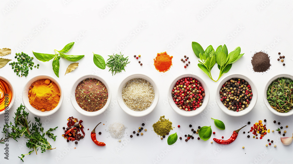 top view of a collection of colorful spices and herbs arranged in small bowls on a white surface top view of a collection of colorful spices and herbs arranged in small bowls on a white surface