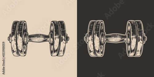 Vintage retro engraving woodcut style sketch draw paint of gym sport weight dumbbell powerlifting exercise equipment