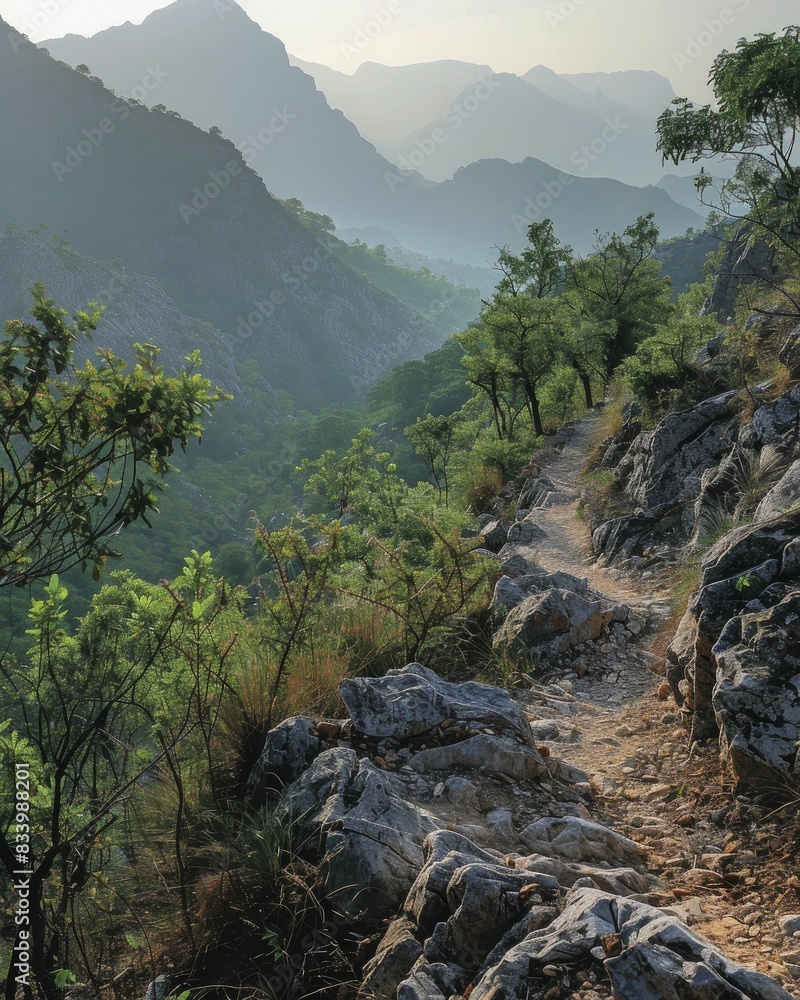Obraz premium Embark on an adventure through rugged mountain trails where each step reveals a tale, amidst majestic landscapes and demanding paths, showcasing nature's resilience.