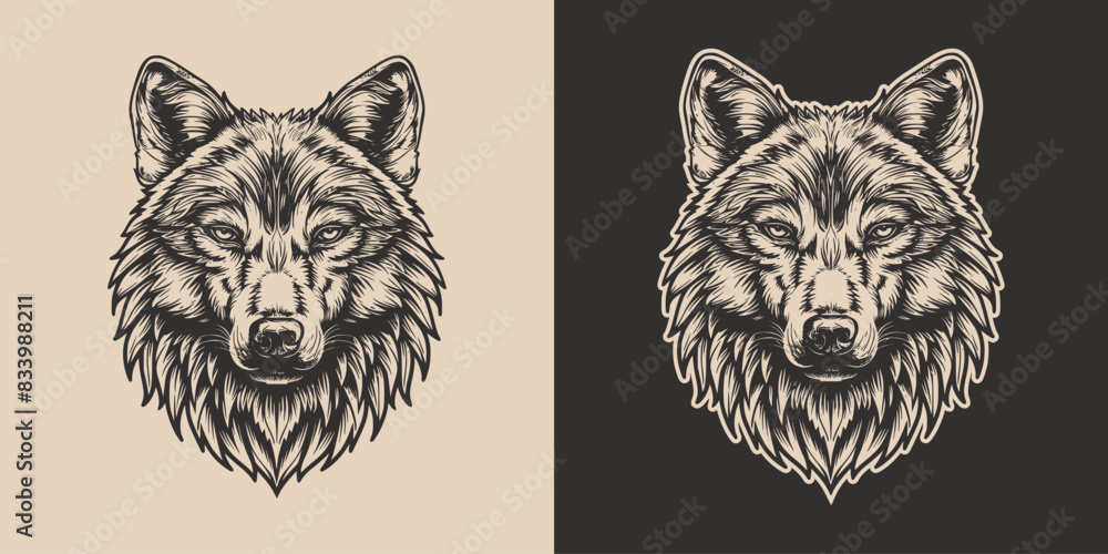 Obraz premium Vintage retro engraving woodcut style sketch draw paint of head face portrait wild animal wolf predator illustration