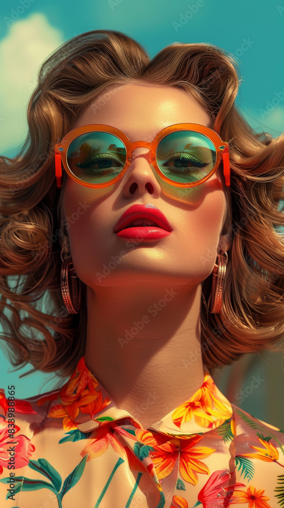 Obraz premium Retro style pastel colors summer background. Fashion woman wearing big sunglasses.