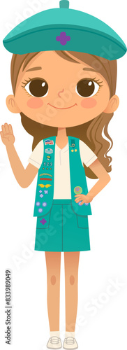 Young smiling girl scout wearing vest with badges isolated on white background. Female scouter, Junior ligue Scout Girls troop