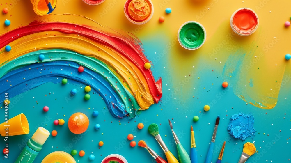 Flatlay calendar June 1, toys, paints, rainbow. World Conference on the Welfare of Children, World Children's Day Flatlay calendar June 1, toys, paints, rainbow. World Conference on the Welfare of Children, World Children's Day